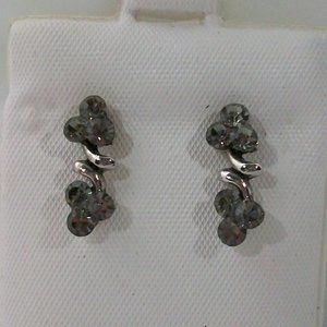 Smoke Gray Clear Rhinestone Flower Blossoms Pierced Earrings